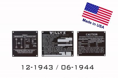 PLAQUES NOMENCLATURE WILLYS ZINC JEU 12-1943 / 06-1944