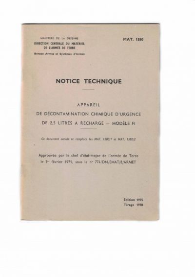 NOTICE TECHNIQUE APPAREIL DE DECONTAMINATION CHIMIQUE - MAT 1580- ORIGINE